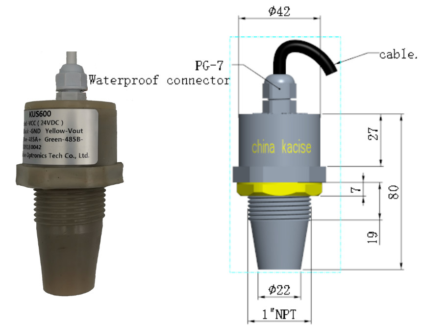 PVDF 5m Μετρητής στάθμης νερού υπερήχων 5V RS485 Υγρό εξόδου Αισθητήρας στάθμης KUS600